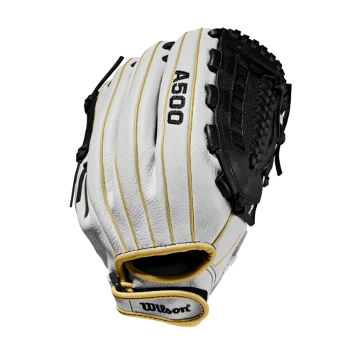 Wilson A500 SIREN 11.5" Youth Fastpitch Softball Glove: WTA05LF20115 -Baseball Gear Shop A05LF2011 0 Siren 115 Black White MetallicGold Back